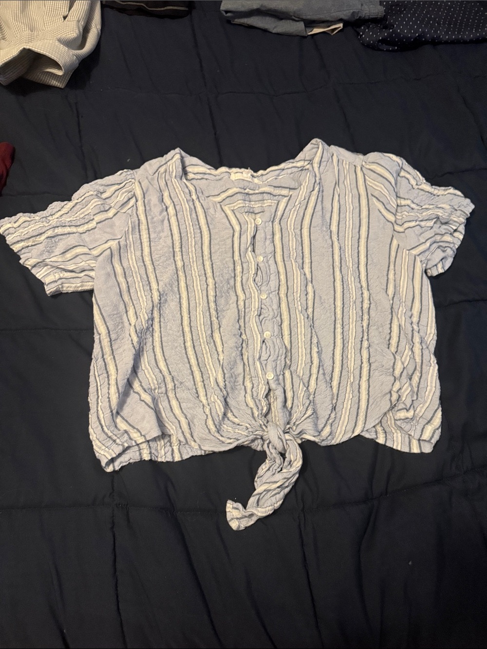 Light Blue & White Striped Tie-Front Button Blouse - Women